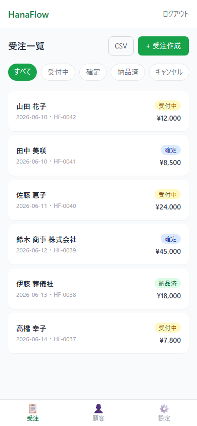 HanaFlow 受注一覧 — LINEからの注文が自動で台帳に並ぶ